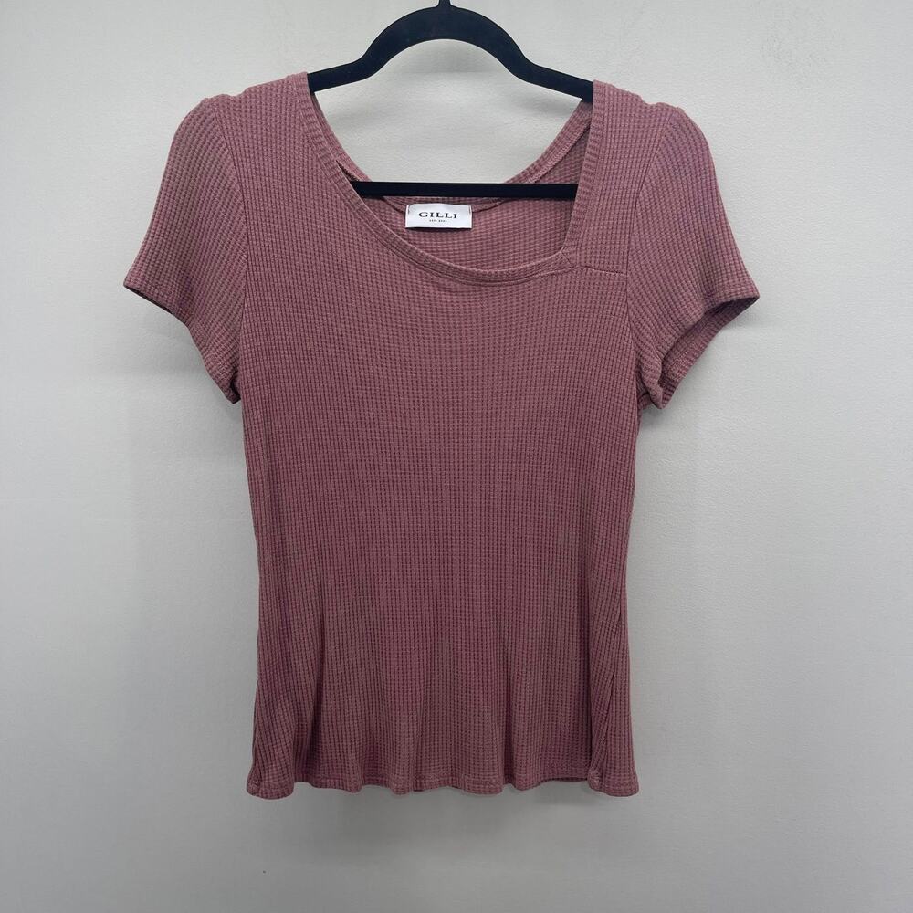 Gilli Short Sleeve Tee Wms Medium Mauve Brown Waffle Knit Asymmetrical Neck
